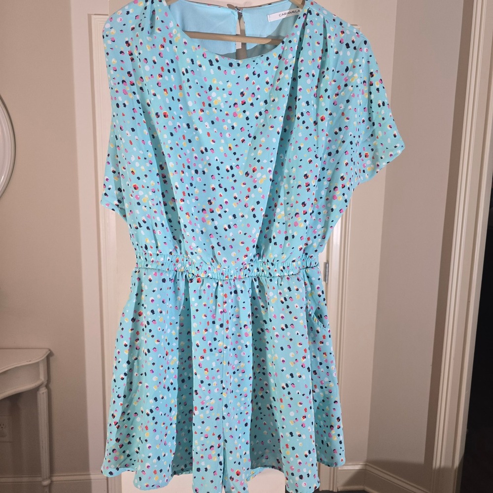 CARAMELA Teal Multi Color Dot Print Elastic Waist Mini Dress Women's‎ Large